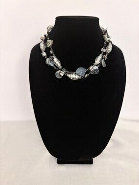 Black & Silver Mixed Bead Statement Necklace 40" Long Layering Boho Chunky